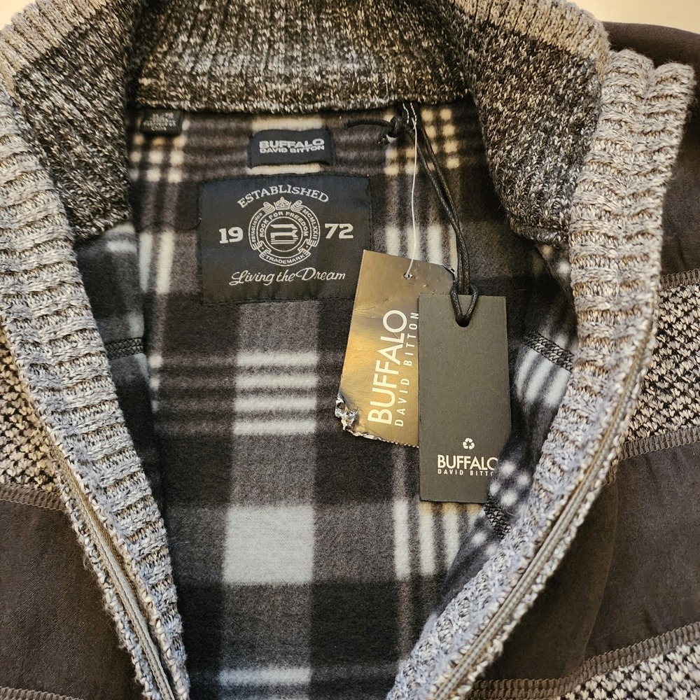 Buffalo David Bitton Men's XL Tight-Knit Full Zip Sweater Gray Black Mock Neck - Picture 2 of 9